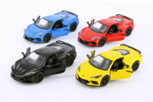 Diecast sports car set with blue, red, black and yellow cars