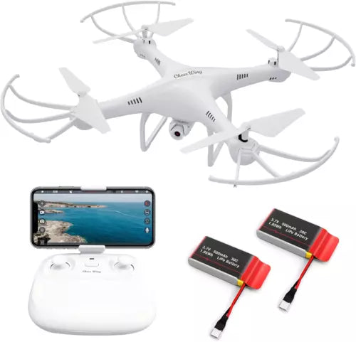 White RC quadcopter drone with 720P camera, controller, and battery packs