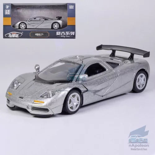 McLaren F1 1:36 diecast model car, silver alloy sports car with rear spoiler