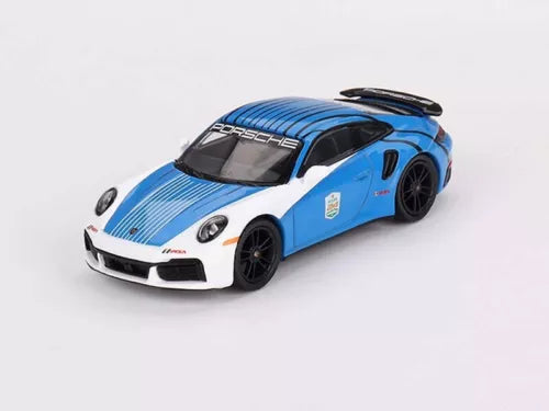Diecast safety car model, blue and white with racing stripes, front three-quarter view, black wheels