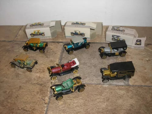 Lot of 7 classic diecast cars and trucks with green, red, blue, and black bodies