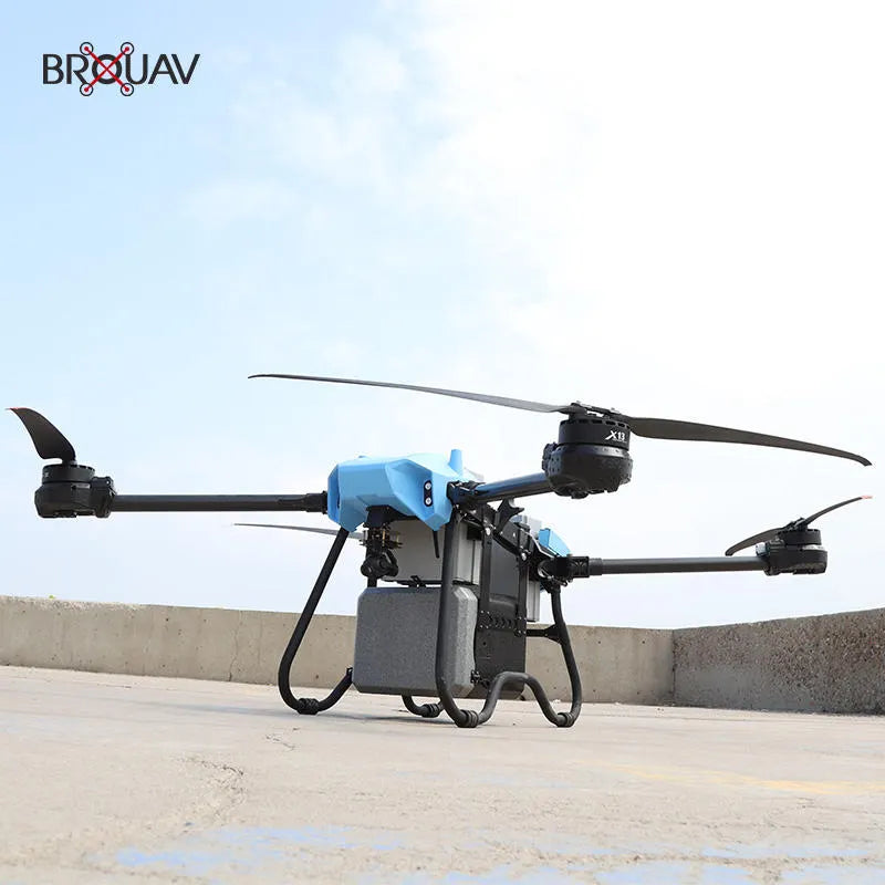 Quadcopter delivery drone, blue and black body with four rotors and landing gear