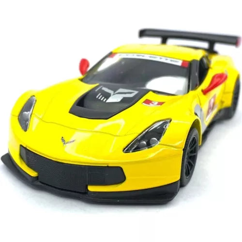 Yellow 1/36 scale diecast toy Corvette C7 R race car with black front splitter