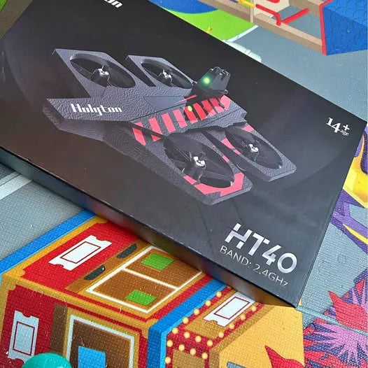 Drone product box with colorful graphic and drone illustrations