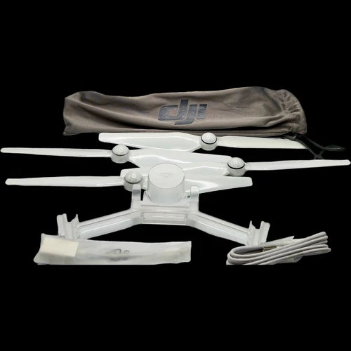 Drone accessory kit with white propellers, gimbal holder, cables, and storage pouch