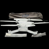 Drone accessory kit with white propellers, gimbal holder, cables, and storage pouch