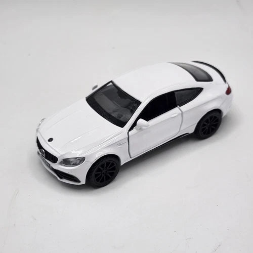 White 1/36 diecast pull-back toy car, fixed roof, black wheels and tinted windows