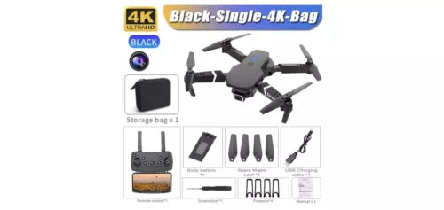 Black folding FPV camera drone with storage bag and accessory set