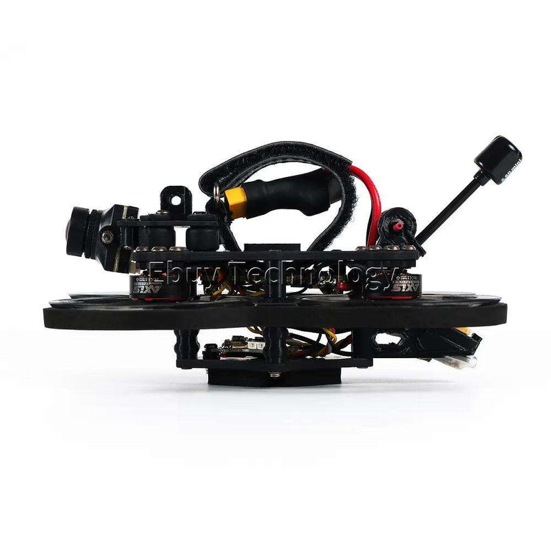 Black drone frame with camera module and exposed wiring
