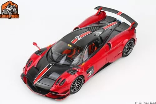Red Pagani Huayra BC roadster metal diecast car model with black stripes, 1:18 scale
