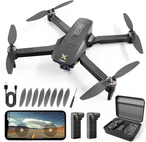 Quadcopter drone with 4K camera, foldable propellers and remote controller screen, accessories kit