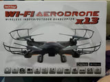 Black Wi‑Fi quadcopter with four propellers, X13 in retail box