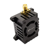 Black drone VTX module with gold SMA connector and cooling fan