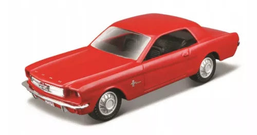Red 1965 Ford Mustang diecast model car, 1:36 scale, 4.5 inch toy, front 3/4 view