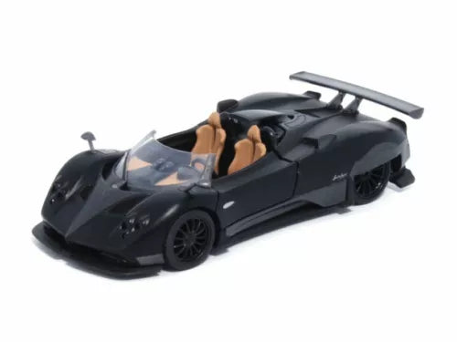 1/36 scale black diecast sports car with open cockpit, rear spoiler