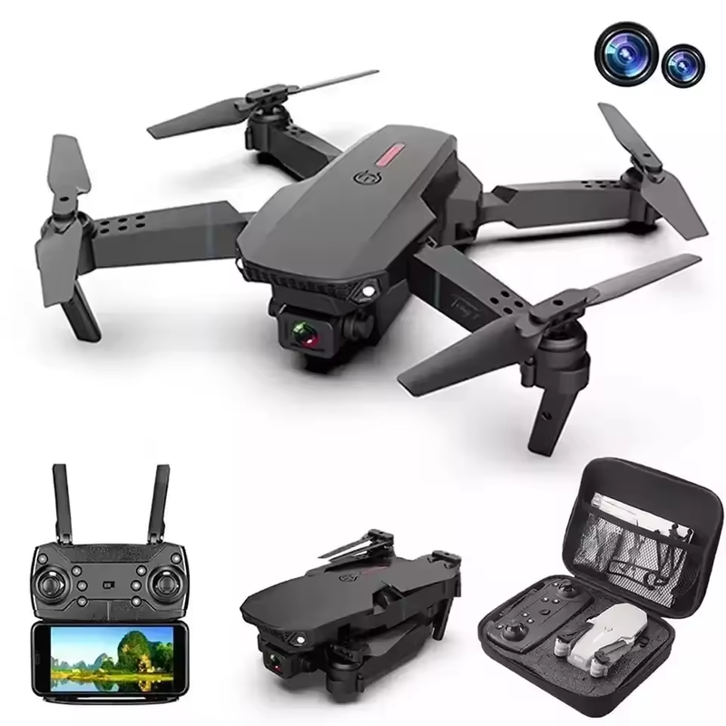 Mini drone with dual cameras, four propellers, and remote controller