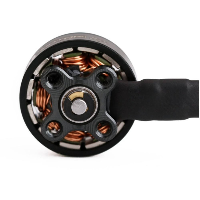Black 12V DC drone motor with copper windings and mounting plate, cable leads