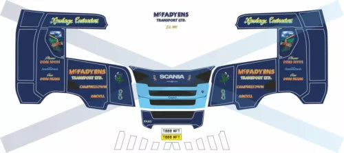 Blue Scania R-series transport decal set for diecast models, front cab design