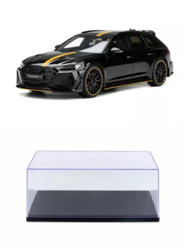 Black Audi RS 6 C8 diecast model car with clear display case