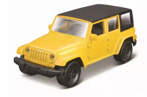 Yellow Jeep Wrangler Unlimited diecast model car, black wheels and grille, 1:36 scale