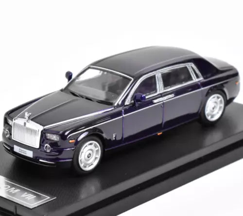 Purple diecast luxury sedan toy car, front 3/4 view with chrome grille