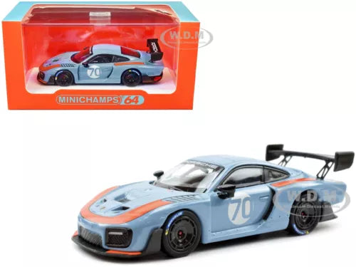 MINICHAMPS 1:64 diecast race car model, light blue with orange #70 details