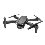 Mini quadcopter drone with 4 propellers, front camera, and blue LED lights