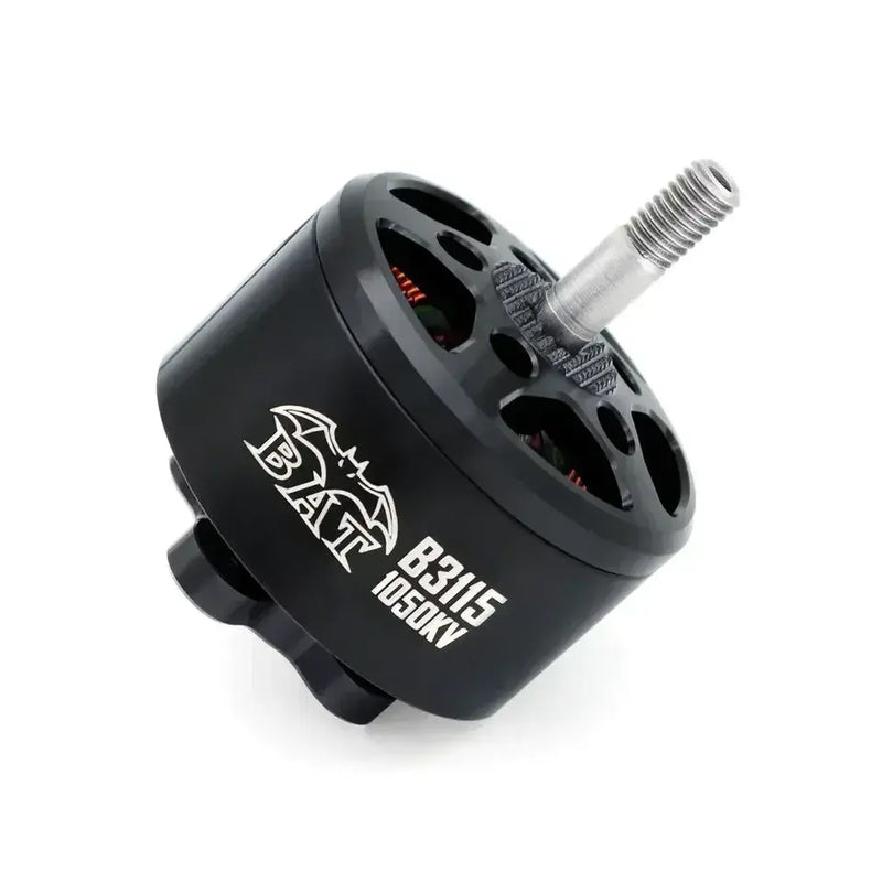 Black brushless motor with silver threaded shaft and mounting holes, branded label on casing