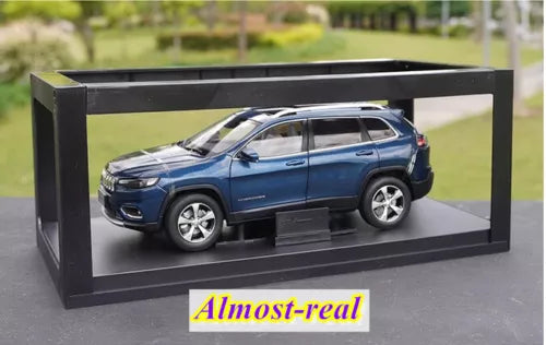 Jeep blue SUV alloy diecast car model in black display case