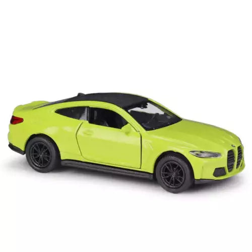 Lime green BMW M4 coupe diecast model car with black wheels and tinted windows