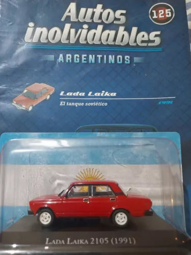 Red diecast car model in clear blister packaging, Lada Laika 2105 (1991)