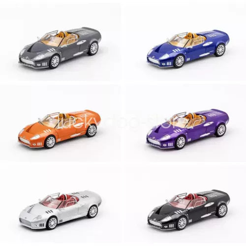 1:64 diecast sports car set in gray, blue, orange, purple, white, and black