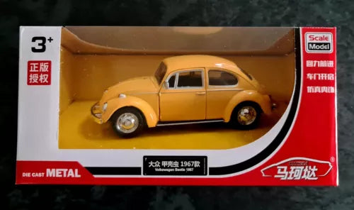 Orange 1967 Volkswagen Beetle diecast pull-back toy car in box