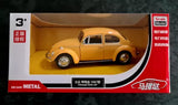 Orange 1967 Volkswagen Beetle diecast pull-back toy car in box