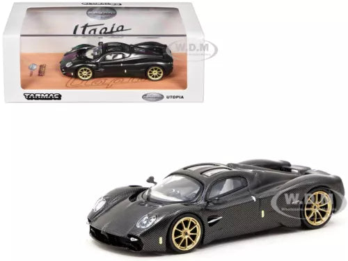 Black carbon-fiber diecast model car, 1/64 scale, gold wheels