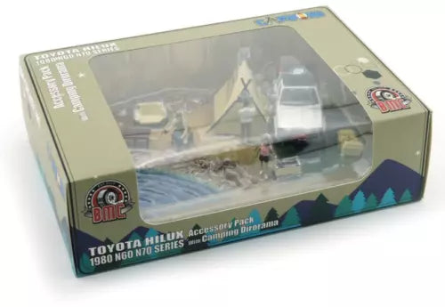 Olive display box with clear window; toy pickup truck and camping diorama