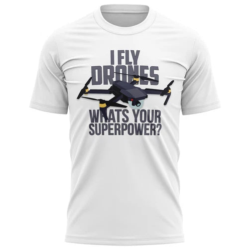 Men's white graphic T-shirt with drone and 'I Fly Drones' text