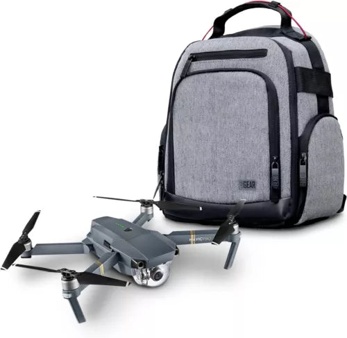 Grey drone backpack with padded front zip compartments and carrying handle