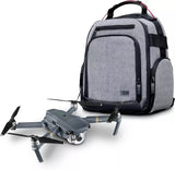 Grey drone backpack with padded front zip compartments and carrying handle