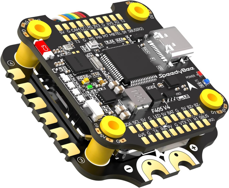 SpeedyBee F405 V4 BLS 60A stack flight controller and 4-in-1 ESC PCB with yellow pins