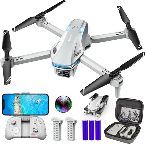 White quadcopter drone with camera, foldable propellers, plus remote and accessory kit