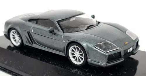 Grey diecast supercar model car with front 3/4 view, black hood vents