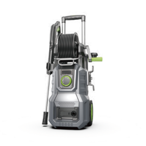 Pressure washer machine with hose reel, gray body and green control panel, front view.