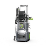 Pressure washer machine with hose reel, gray body and green control panel, front view.