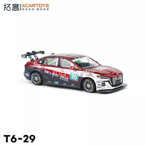 Race diecast toy car in red and gray, front 3/4 view with racing decals