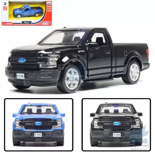 Black Ford F-150 diecast model pickup truck, front three-quarter view, alloy wheels