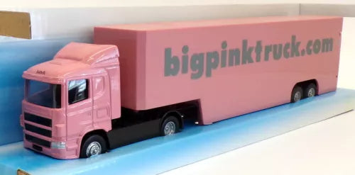 Pink diecast box truck model with large cargo container, front cab and black wheels