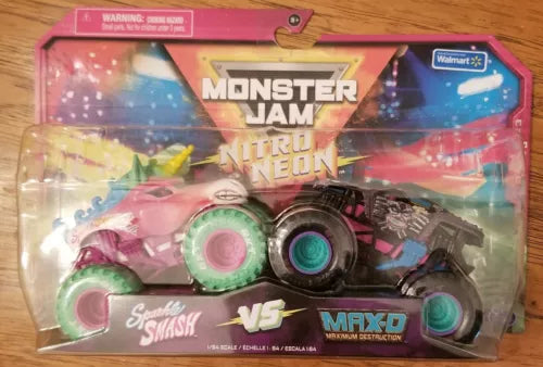 Monster Jam diecast monster trucks in retail box, Sparkle Smash and Max-D.