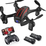 Mini drone with four propellers, red accents, front camera lens, included remote controller