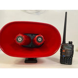 Red megaphone speaker with two audio drivers and handheld radio transmitter
